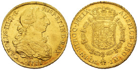 Charles III (1759-1788). 8 escudos. 1771. Lima. JM. (Cal-1926). (Cal onza-689). Au. 26,94 g. "Rat nose" type. Small planchet flaws on obverse. Rare. A...