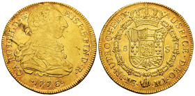 Charles III (1759-1788). 8 escudos. 1776. Lima. MJ. (Cal-1936). (Cal onza-699). Au. 26,96 g. Small planchet flaws on obverse. Faint scratches. Soft to...