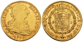 Charles III (1759-1788). 8 escudos. 1775. Mexico. FM. (Cal-2003). (Cal onza). Au. 27,00 g. Inverted mintmark and assayers. Weak strike on obverse. It ...