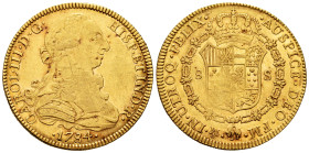 Charles III (1759-1788). 8 escudos. 1784. Mexico. FM. (Cal-2018). (Cal onza-782). Au. 27,00 g. Inverted mintmark and assayers. Minimal hairlines. Orig...