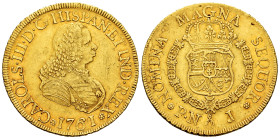 Charles III (1759-1788). 8 escudos. 1761. Popayan. J. (Cal-2027). (Cal onza-791). (Restrepo-70-4). Au. 26,92 g. Bust of Ferdinand VI. Minor nick. With...