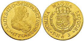 Charles III (1759-1788). 8 escudos. 1770. Popayan. J. (Cal-2035). (Cal onza-797). (Restrepo-70-20). Au. 26,93 g. Bust of Ferdinand VI. It retains some...