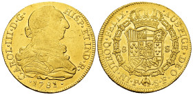 Charles III (1759-1788). 8 escudos. 1781. Popayan. SF. (Cal-2049). (Cal onza-815). (Restrepo-73-28a). Au. 27,03 g. Pellet between assayers. It retains...