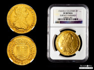 Charles III (1759-1788). 8 escudos. 1766. Santa Fe de Nuevo Reino. JV. (Cal-2085). (Cal onza-853). (Restrepo-71-8). Au. "Rat nose" type. Without pelle...
