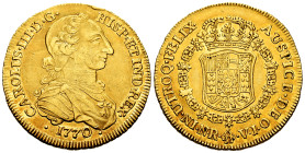Charles III (1759-1788). 8 escudos. 1770/69. Santa Fe de Nuevo Reino. VJ. (Cal-2092). (Cal onza-862 var). (Restrepo-71-18). Au. 26,97 g. "Rat nose" ty...