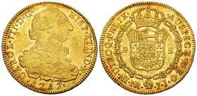 Charles III (1759-1788). 8 escudos. 1787. Santa Fe de Nuevo Reino. JJ. (Cal-2122). (Cal onza-894). (Restrepo-72-34). Au. 27,00 g. Pellet between assay...