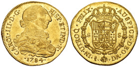Charles III (1759-1788). 8 escudos. 1784. Santiago. DA. (Cal-2170). (Cal onza-943). Au. 26,88 g. Outstanding and superb specimen, possibly the best kn...