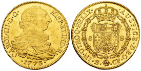 Charles III (1759-1788). 8 escudos. 1773. Sevilla. CF. (Cal-2182). (Cal onza-no cita). Au. 26,95 g. Without pellet between ET and IND. No dot between ...