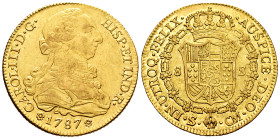 Charles III (1759-1788). 8 escudos. 1787. Sevilla. CM. (Cal-2193). (Cal onza-967). Au. 26,96 g. It retains some minor luster. Minor nick on edge. Almo...