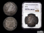 Charles IV (1788-1808). 8 reales. 1789. Guatemala. M. (Cal-877). Ag. 26,91 g. Bust of Charles III and Ordinal IV. Beautiful old cabinet tone. Very rar...