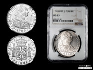 Charles IV (1788-1808). 8 reales. 1799. Lima. IJ. (Cal-917). Ag. Plenty of original luster. Magnificent piece. Slabbed by NGC as MS 63. Very rare in t...