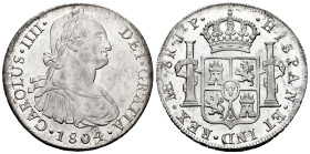 Charles IV (1788-1808). 8 reales. 1804. Lima. JP. (Cal-924). Ag. 27,14 g. Original luster. Minimal hairlines. Attractive specimen. Rarely encountered ...