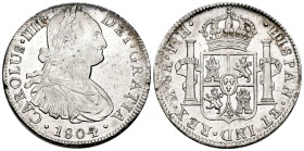 Charles IV (1788-1808). 8 reales. 1804. Mexico. TH. (Cal-980). Ag. 27,00 g. Original luster. Slightly cleaned. Purchased in Afinsa, April 1994. Almost...