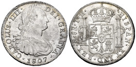 Charles IV (1788-1808). 8 reales. 1807. Mexico. TH. (Cal-986). Ag. 26,80 g. Minor contact marks. Knock on edge. Some original luster remaining. Almost...