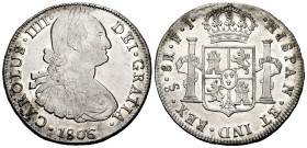 Charles IV (1788-1808). 8 reales. 1806. Santiago. FJ. (Cal-1047). Ag. 26,88 g. Rare. Purchased at the New York International Convention "NYINC" Decemb...