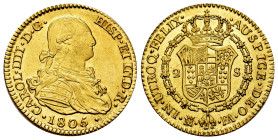Charles IV (1788-1808). 2 escudos. 1805. Madrid. FA. (Cal-1308). Au. 6,67 g. Nice luster. Ex Martí Hervera (18-11-2008), lot 1958. Almost MS/Mint stat...