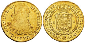Charles IV (1788-1808). 8 escudos. 1797. Lima. IJ. (Cal-1596). (Cal onza-989). Au. 27,08 g. Original luster. Gorgeous specimen. Rare in this condition...