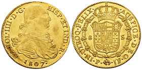 Charles IV (1788-1808). 8 escudos. 1807. Popayan. JF. (Cal-1688). (Cal onza-1074). (Restrepo-98-36). Au. 27,02 g. Original luster. Scarce in this grad...