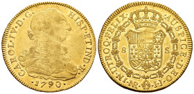 Charles IV (1788-1808). 8 escudos. 1790/89. Santa Fe de Nuevo Reino. JJ. (Cal-1716). (Cal onza-1113). (Restrepo-95-5). Au. 26,94 g. Bust of Charles II...