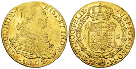 Charles IV (1788-1808). 8 escudos. 1802. Santa Fe de Nuevo Reino. JJ. (Cal-1740). (Cal onza-1138). (Restrepo-97-27). Au. 27,05 g. Some surface hairlin...