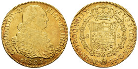 Charles IV (1788-1808). 8 escudos. 1807. Santa Fe de Nuevo Reino. JJ. (Cal-1748). (Cal onza-1147). (Restrepo-97-38). Au. 27,05 g. Faint scratches. Bea...