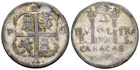 Ferdinand VII (1808-1833). 4 reales. 1820. Caracas. BS. (Cal-1028). Ag. 9,92 g. Castles and lions. Plugged hole at 12 o'clock. Very rare. Choice VF. E...