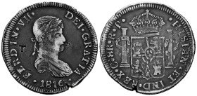 Ferdinand VII (1808-1833). 8 reales. 1816. Chihuahua. RP. (Cal-1168). Ag. 26,86 g. Laureate bust. Countermarks "T" and columns of Hercules with crowne...