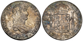 Ferdinand VII (1808-1833). 8 reales. 1824. Potosi. PJ. (Cal-1391). Ag. 27,12 g. Minor hairlines. Iridescent patina. Scarce in this grade. Ex Áureo&Cal...