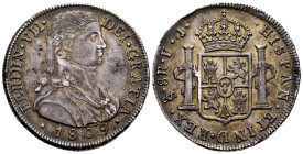Ferdinand VII (1808-1833). 8 reales. 1809. Santiago. FJ. (Cal-1400). Ag. 26,75 g. Admiral bust without laurea. Jacket without buttons. Very nice old c...