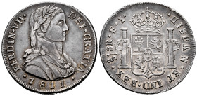 Ferdinand VII (1808-1833). 8 reales. 1811. Santiago. FJ. (Cal-1404). Ag. 27,18 g. Laureate admiral bust. Jacket with buttons. Nice old cabinet grey to...