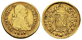 Ferdinand VII (1808-1833). 1 escudo. 1813. Santiago. FJ. (Cal-1566). Au. 3,38 g. Bust of Charles IV. Very rare. A few specimens known. Almost VF. Est....
