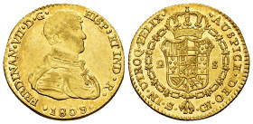 Ferdinand VII (1808-1833). 2 escudos. 1809. Sevilla. CN. (Cal-1667). Au. 6,68 g. First bust. Plenty of original luster. Minor marks on reverse. Rare i...