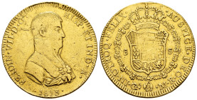 Ferdinand VII (1808-1833). 8 escudos. 1813. Guadalajara. MR. (Km-163). (Cal-1747). (Cal onza-1203). (Cy-16416). Au. 26,64 g. Bust with different physi...