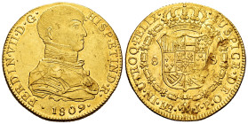 Ferdinand VII (1808-1833). 8 escudos. 1809. Lima. JP. (Cal-1754). (Cal onza-1212). Au. 26,78 g. Indigenous bust. Without dot between ET and IND. Planc...