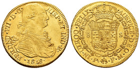 Ferdinand VII (1808-1833). 8 escudos. 1818. Popayan. FM. (Cal-1823). (Cal onza-1300). Au. 26,93 g. Bust of Charles IV. Hairlines on obverse. Small pla...
