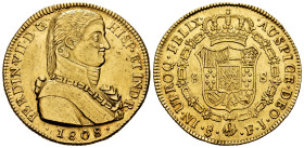 Ferdinand VII (1808-1833). 8 escudos. 1808. Santiago. FJ. (Cal-1860). (Cal onza-1341). Au. 27,02 g. Admiral bust. Minor nicks on obverse. Some origina...