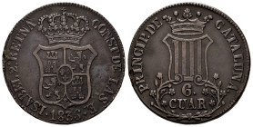 Elizabeth II (1833-1868). 6 quartos. 1836. Barcelona. (Cal-16). Ae. 13,91 g. Very good specimen for thir rare error with RETNA in legend. Missing in t...