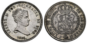 Elizabeth II (1833-1868). 4 reales. 1836. Barcelona. PS. (Cal-410). Ag. 5,85 g. Legend ends in DIOS. Wonderful old cabinet tone. Rare, even more in th...