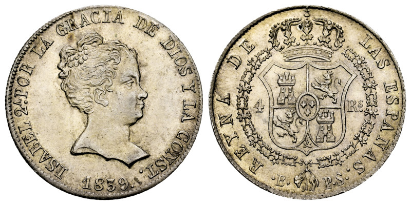 Elizabeth II (1833-1868). 4 reales. 1839. Barcelona. PS. (Cal-413). Ag. 5,89 g. ...