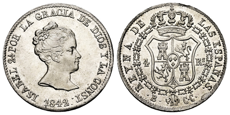 Elizabeth II (1833-1868). 4 reales. 1842. Barcelona. CC. (Cal-416). Ag. 5,85 g. ...