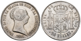 Elizabeth II (1833-1868). 20 reales. 1851. Barcelona. (Cal-570). Ag. 26,09 g. Original luster on obverse and almost all luster on reverse. Faint and v...
