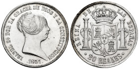 Elizabeth II (1833-1868). 20 reales. 1851. Madrid. (Cal-593). Ag. 26,30 g. Minimal rust on reverse. A good sample. Very scarce in this grade. AU. Est....