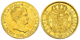 Elizabeth II (1833-1868). 80 reales. 1838. Barcelona. PS. (Cal-701). Au. 6,73 g. ...Y LA CONST. Original luster. Scarce in this condition. Ex Áureo&Ca...