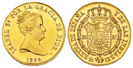 Elizabeth II (1833-1868). 80 reales. 1834. Madrid. CR. (Cal-719). Au. 6,77 g. Hairline on obverse. Plenty of original luster. Rare in this condition. ...