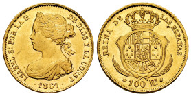 Elizabeth II (1833-1868). 100 reales. 1861. Madrid. (Cal-788). Au. 8,41 g. Minor marks. Original luster. XF/AU. Est...600,00. 

Spanish Description:...