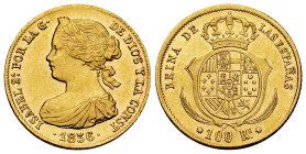 Elizabeth II (1833-1868). 100 reales. 1856. Sevilla. (Cal-797). Au. 8,38 g. Minimal marks. Rarely encountered this good struck. Almost MS. Est...2000,...