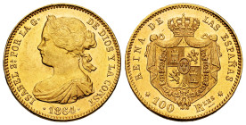 Elizabeth II (1833-1868). 100 reales. 1864. Sevilla. (Cal-807). Au. 8,39 g. Minimal hairlines on obverse. Original luster. Very rare, even more in thi...