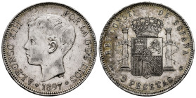 Alfonso XIII (1886-1931). 5 pesetas. 1897. Madrid. SGV. (Cal-107 variante). Ag. 24,86 g. The reverse is rotated 180 clockwise, the crown cross points ...