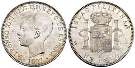 Alfonso XIII (1886-1931). 1 peso. 1897. Manila. SGV. (Cal-122). Ag. 25,41 g. Original luster. Attractive specimen. AU. Est...750,00. 

Spanish Descr...