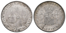 Alfonso XIII (1886-1931). 20 centavos. 1895. Puerto Rico. PGV. (Cal-126). Ag. 4,97 g. Nice specimen. Some luster. Scarce in this grade. Ex Áureo&Calic...